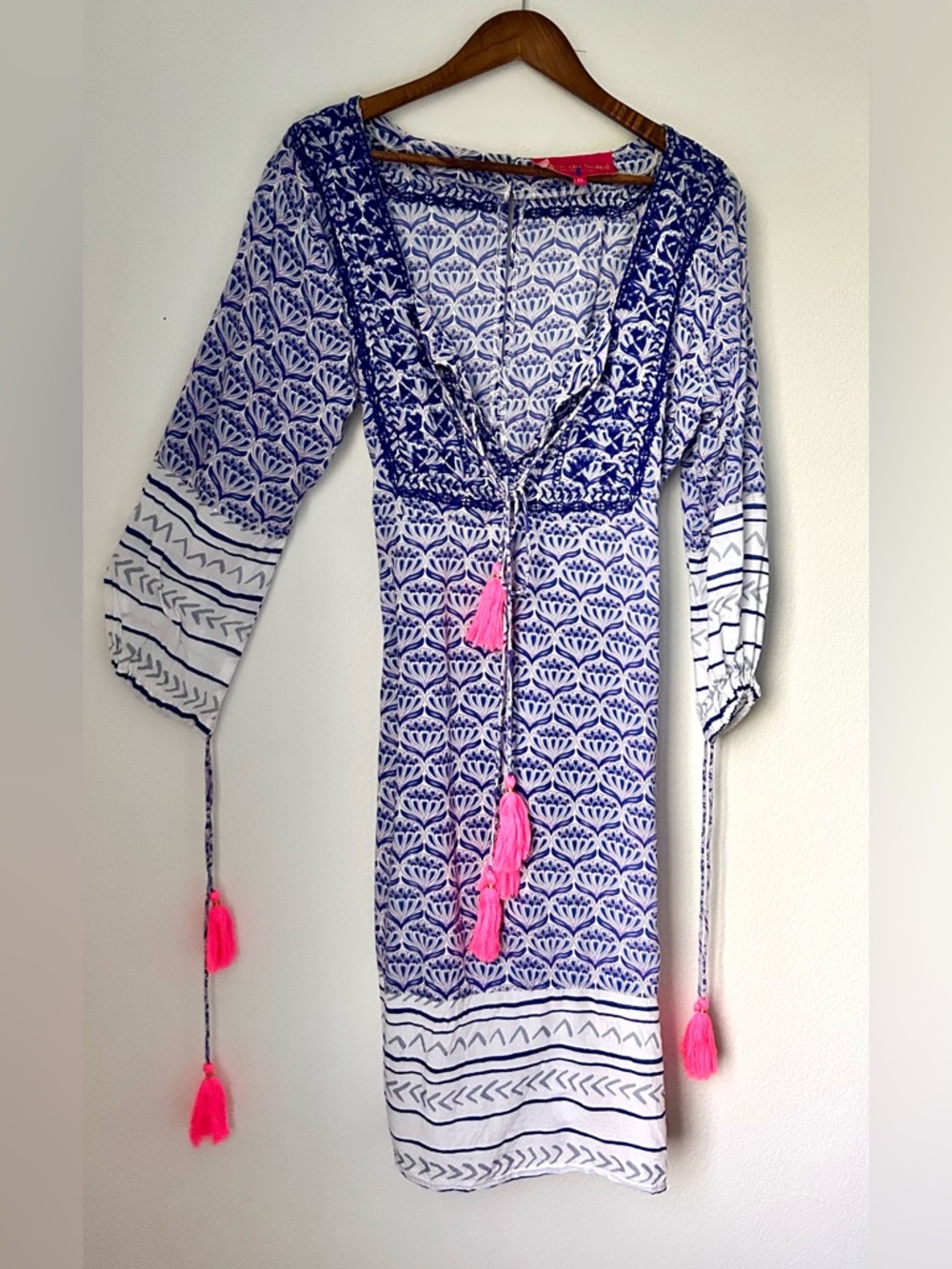Place du Soleil Boho Tunic Dress Blue White Pink Tassels Embroidered Cover UP
XL